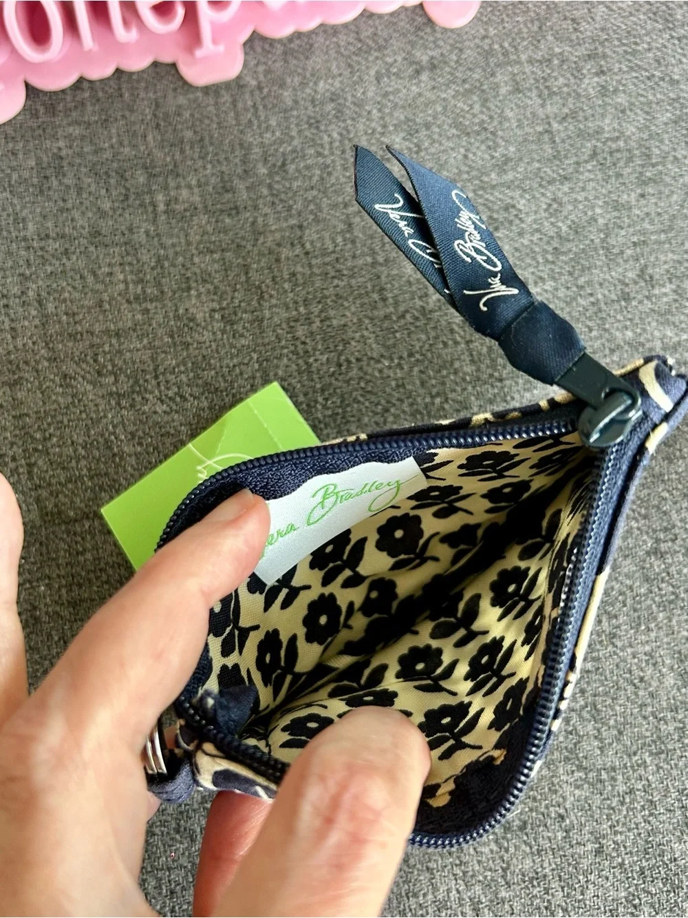 Vera Bradley Zip ID Case, Pouch, Key Ring, Twirly Birds (Retired) Navy, White